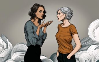 Two women stand facing each other, one with short gray hair in an orange shirt, the other with wavy brown hair in a gray shirt, appearing to have an intense conversation against a swirling abstract background.