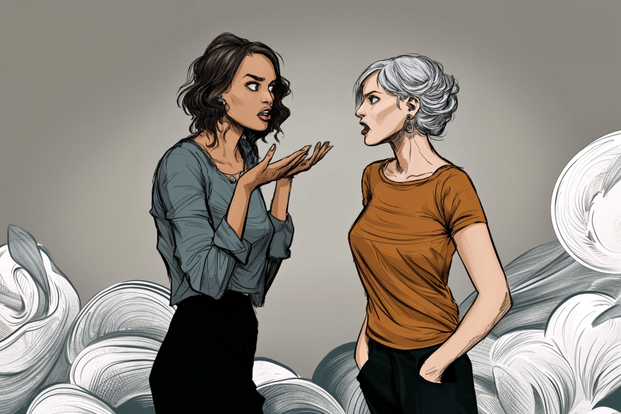 Two women stand facing each other, one with short gray hair in an orange shirt, the other with wavy brown hair in a gray shirt, appearing to have an intense conversation against a swirling abstract background.