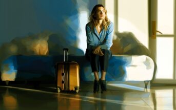A woman sits on a bed with a suitcase beside her, looking thoughtfully toward a sunlit window. The room is softly lit, and the scene has a painterly, artistic effect.