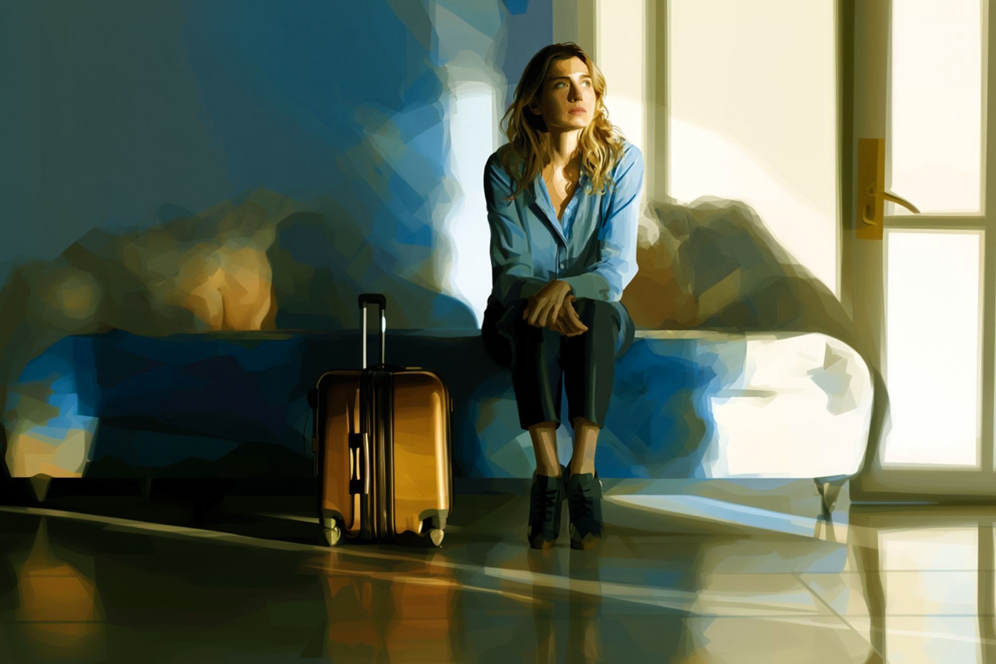 A woman sits on a bed with a suitcase beside her, looking thoughtfully toward a sunlit window. The room is softly lit, and the scene has a painterly, artistic effect.