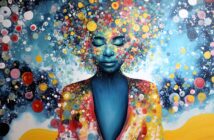 A vibrant painting of a serene woman with blue skin, closed eyes, and colorful, swirling dots forming her hair and surroundings, creating an abstract, dreamy atmosphere with bursts of yellow, red, white, and blue.
