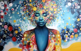 A vibrant painting of a serene woman with blue skin, closed eyes, and colorful, swirling dots forming her hair and surroundings, creating an abstract, dreamy atmosphere with bursts of yellow, red, white, and blue.