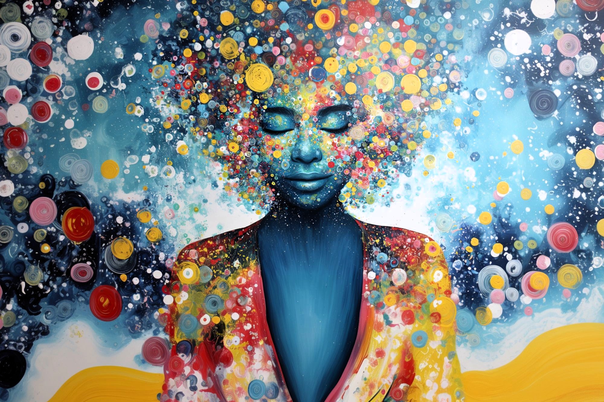 A vibrant painting of a serene woman with blue skin, closed eyes, and colorful, swirling dots forming her hair and surroundings, creating an abstract, dreamy atmosphere with bursts of yellow, red, white, and blue.