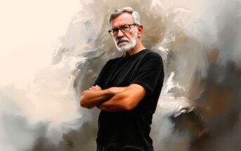 An older man with gray hair, a beard, and glasses stands with arms crossed, wearing a black t-shirt. The background is an abstract, painterly mix of neutral colors.