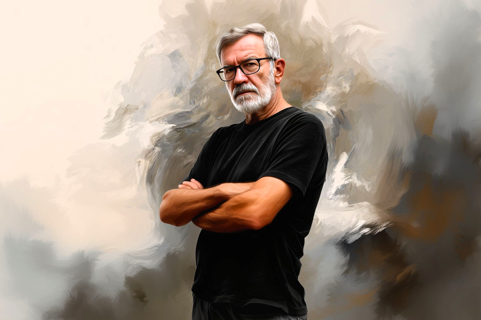 An older man with gray hair, a beard, and glasses stands with arms crossed, wearing a black t-shirt. The background is an abstract, painterly mix of neutral colors.