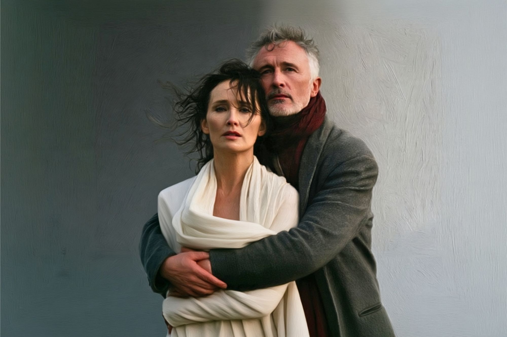 A middle-aged man in a gray coat hugs a woman draped in a white shawl. Both have serious expressions and stand against a plain, muted background.