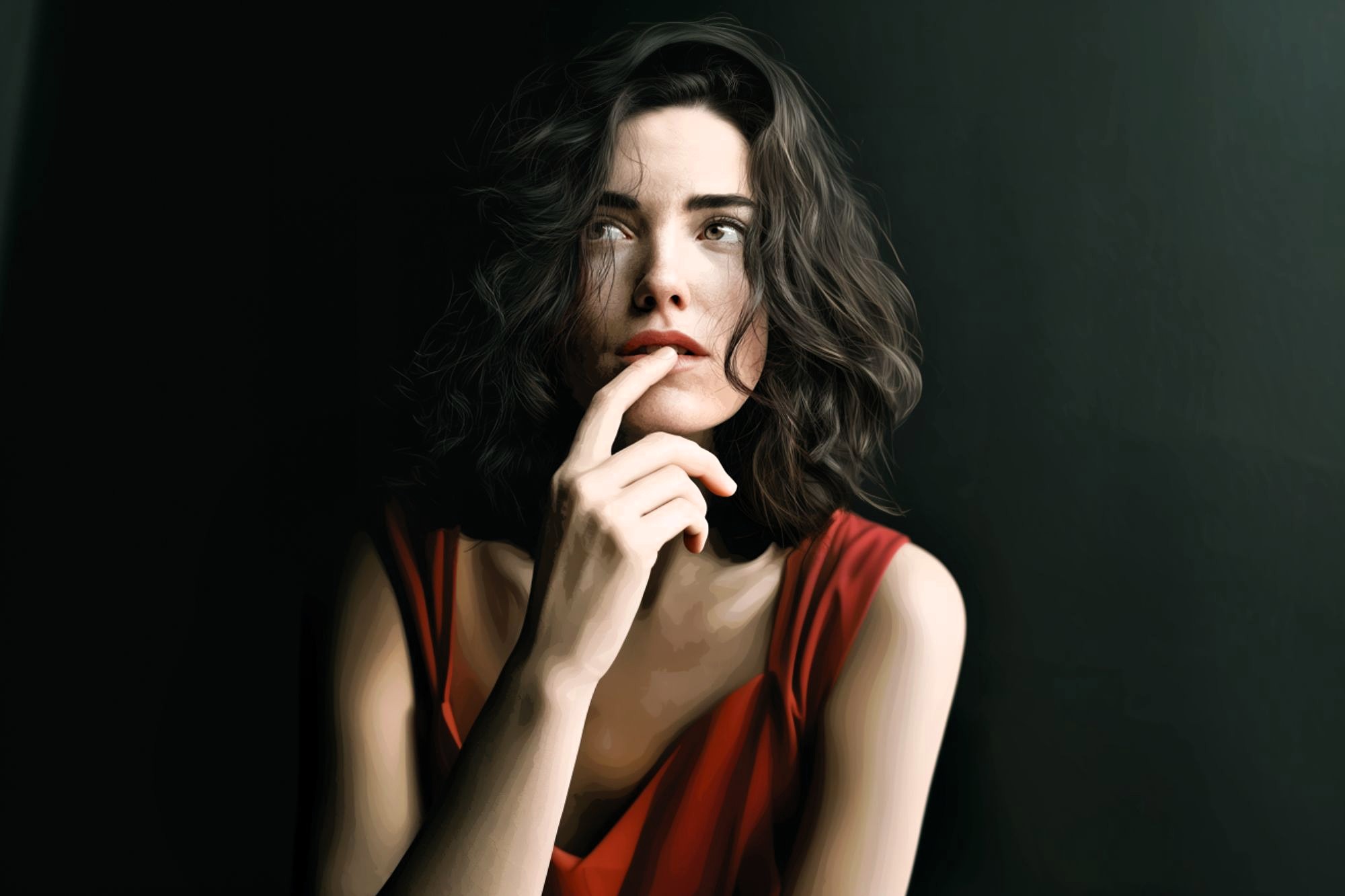 A woman with wavy dark hair and wearing a red sleeveless top gazes upward thoughtfully, with her finger resting on her lips, set against a dark background.