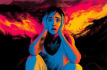An illustrated woman sits with hands on her face, eyes wide in shock. Vivid red, yellow, and orange flames blaze behind her, casting dramatic light and shadow on her worried expression.