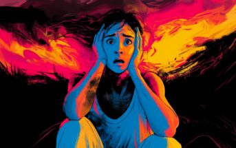 An illustrated woman sits with hands on her face, eyes wide in shock. Vivid red, yellow, and orange flames blaze behind her, casting dramatic light and shadow on her worried expression.