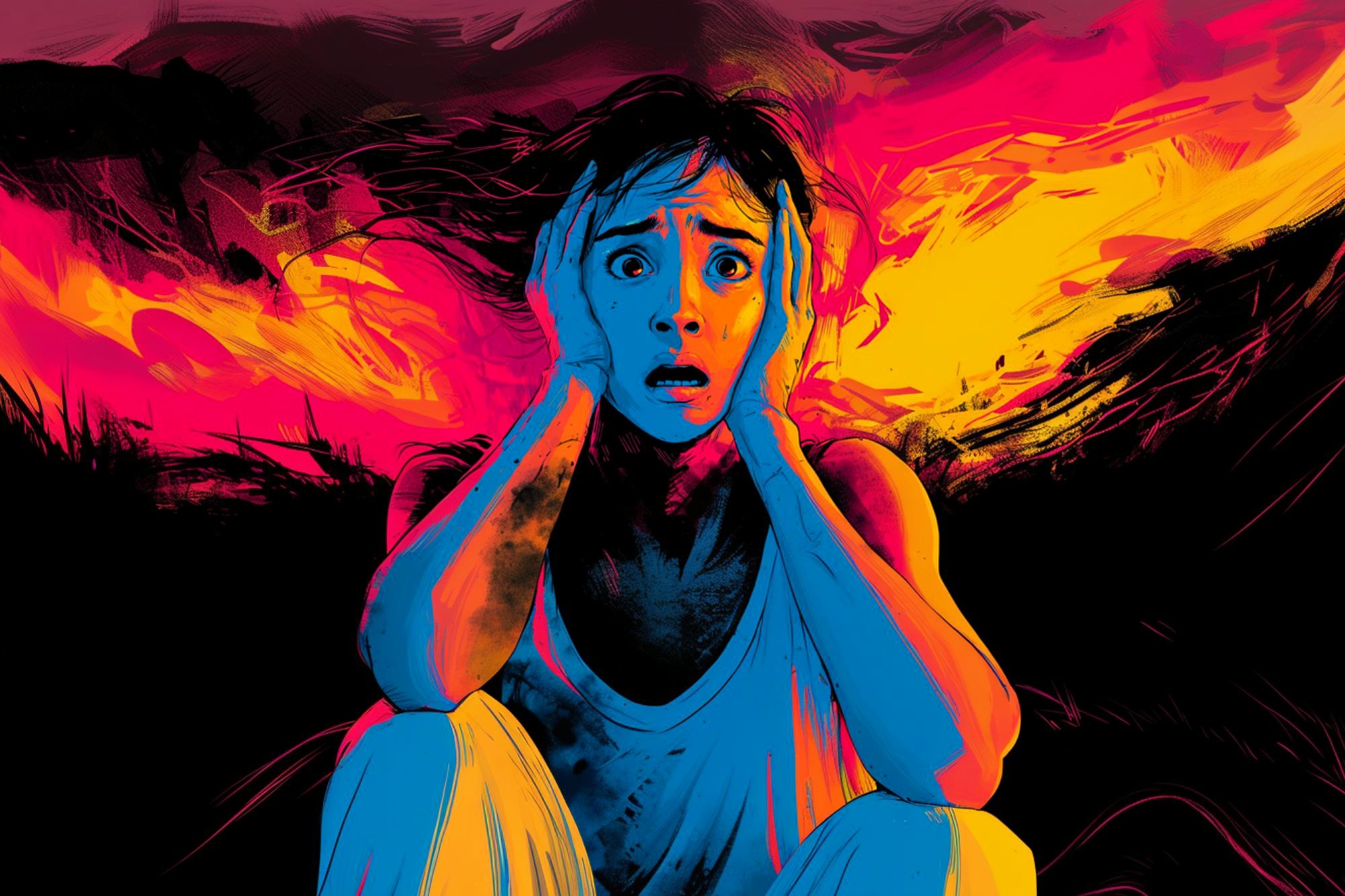 An illustrated woman sits with hands on her face, eyes wide in shock. Vivid red, yellow, and orange flames blaze behind her, casting dramatic light and shadow on her worried expression.
