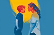 A stylized image of a boy yelling at a woman, possibly his mother, who faces him calmly. The background features a bright yellow circle against a blue backdrop, highlighting the figures' emotional tension.