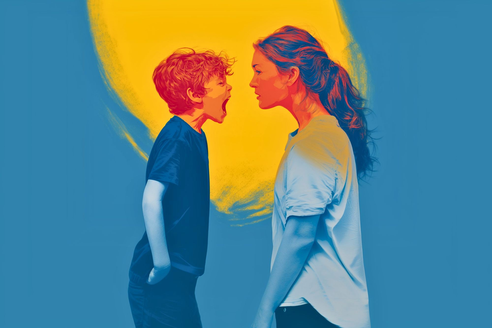 A stylized image of a boy yelling at a woman, possibly his mother, who faces him calmly. The background features a bright yellow circle against a blue backdrop, highlighting the figures' emotional tension.