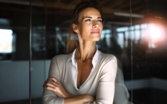 A confident woman with blonde hair stands by a window with arms crossed, looking thoughtfully into the distance as sunlight streams in, creating a warm and hopeful atmosphere.