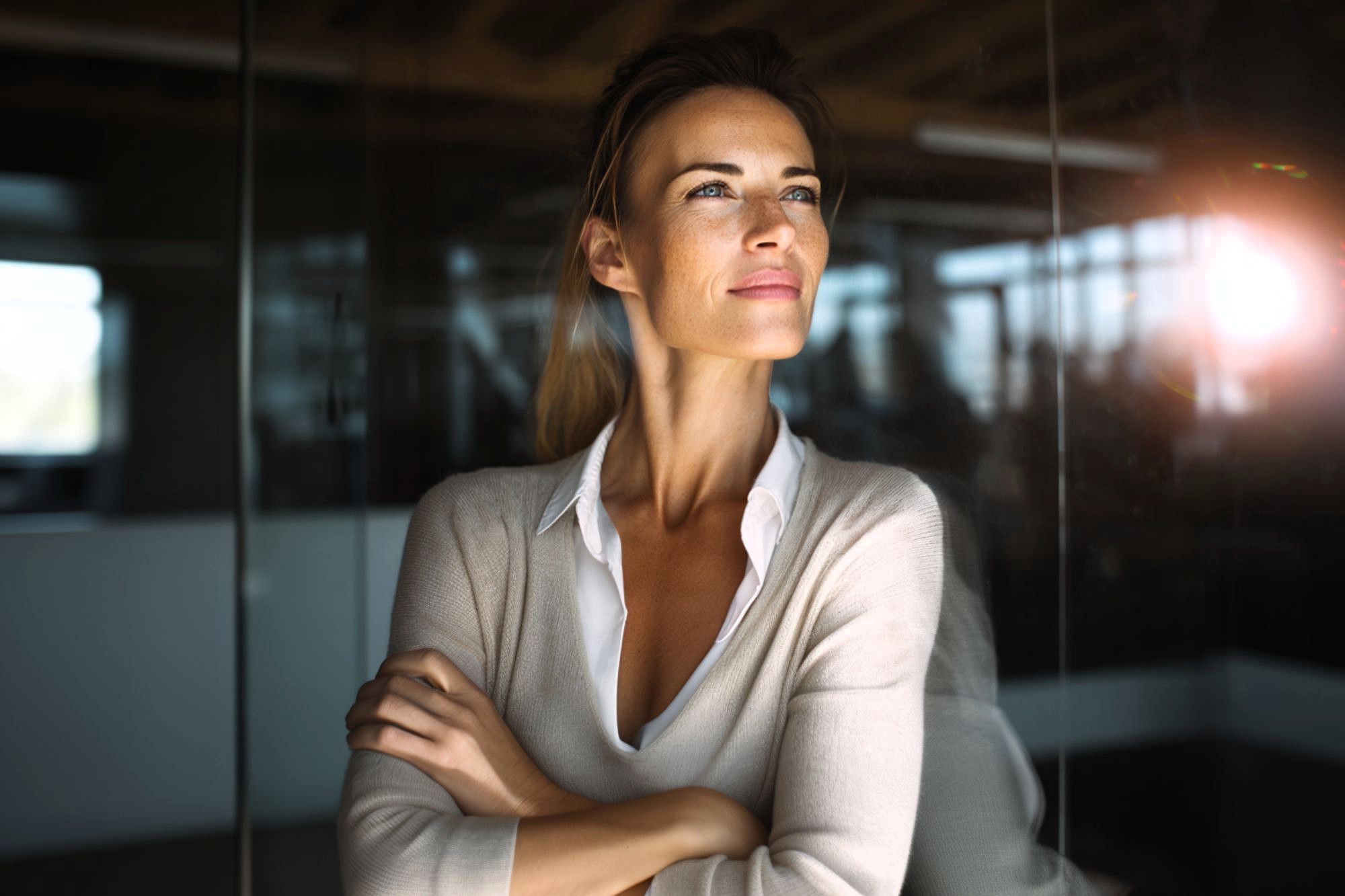 A confident woman with blonde hair stands by a window with arms crossed, looking thoughtfully into the distance as sunlight streams in, creating a warm and hopeful atmosphere.
