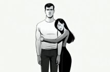 A woman with long dark hair hugs a man in a white shirt and dark pants. She looks content with her eyes closed, while he stands expressionless, arms at his sides. The image is in black and white.