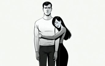 A woman with long dark hair hugs a man in a white shirt and dark pants. She looks content with her eyes closed, while he stands expressionless, arms at his sides. The image is in black and white.