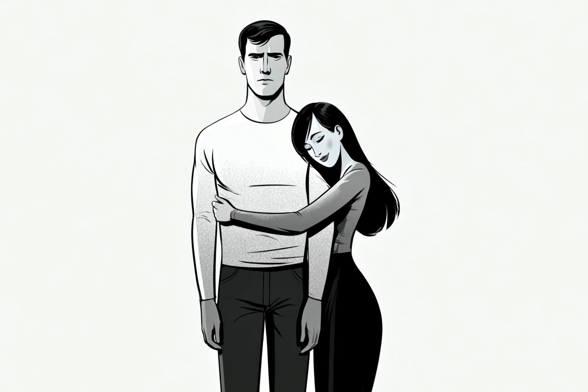 A woman with long dark hair hugs a man in a white shirt and dark pants. She looks content with her eyes closed, while he stands expressionless, arms at his sides. The image is in black and white.