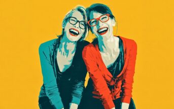 Pop-art style illustration of two women with glasses laughing together against a bright yellow background.