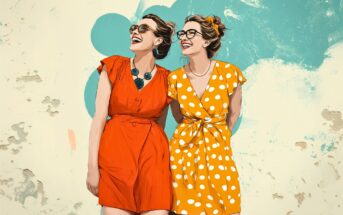 Two women in sunglasses smile and stand together. One wears a red dress with a statement necklace; the other wears a yellow polka dot dress. The background is teal with abstract shapes and a worn, textured look.