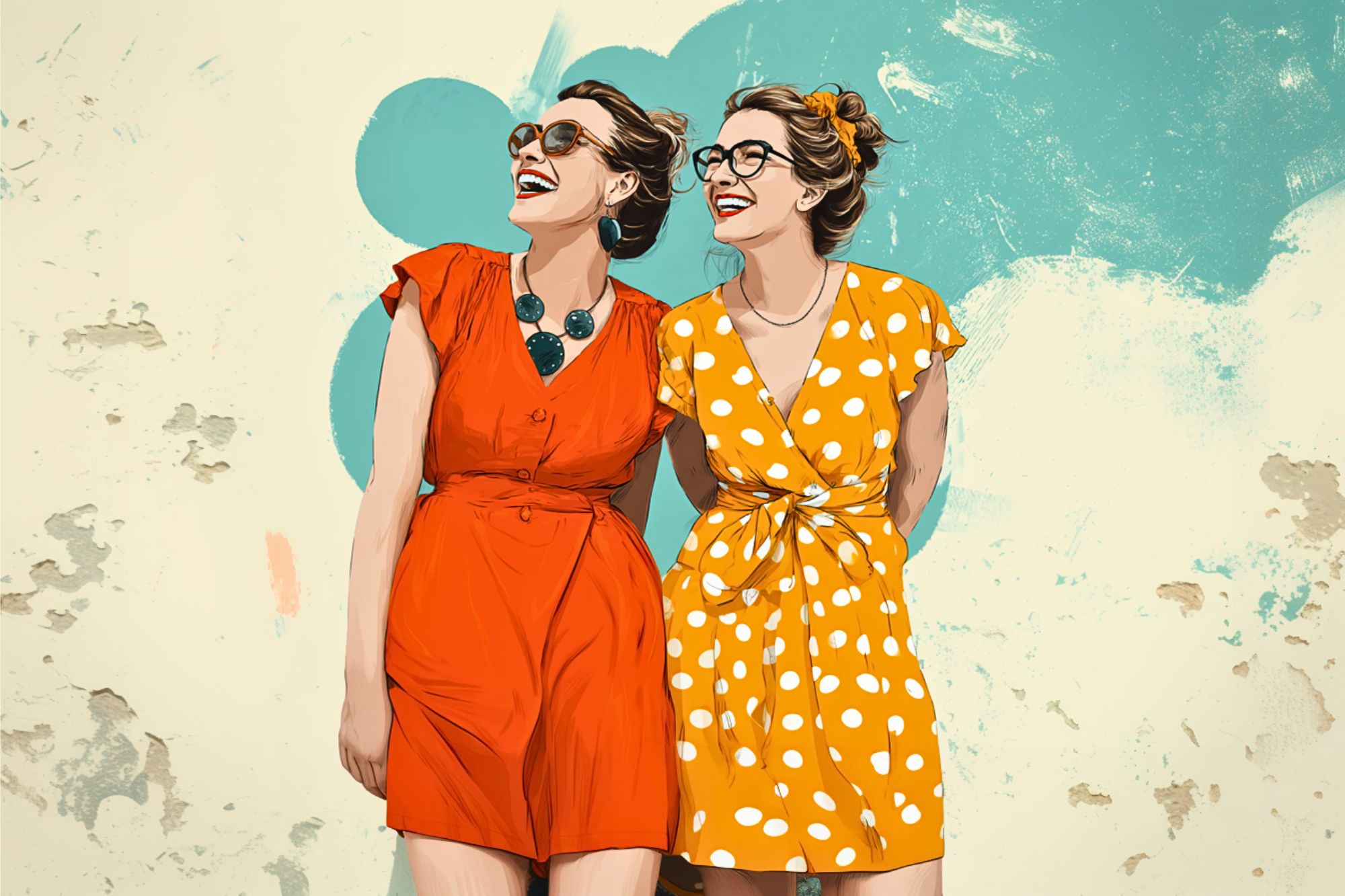 Two women in sunglasses smile and stand together. One wears a red dress with a statement necklace; the other wears a yellow polka dot dress. The background is teal with abstract shapes and a worn, textured look.