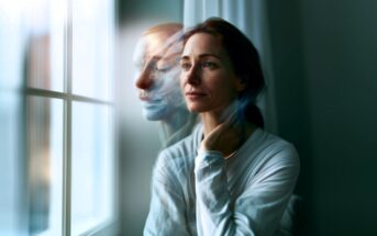 A woman in a white shirt sits by a window, looking outside thoughtfully. A blurred, ghostly double of her face appears beside her, suggesting deep contemplation or emotional distress.