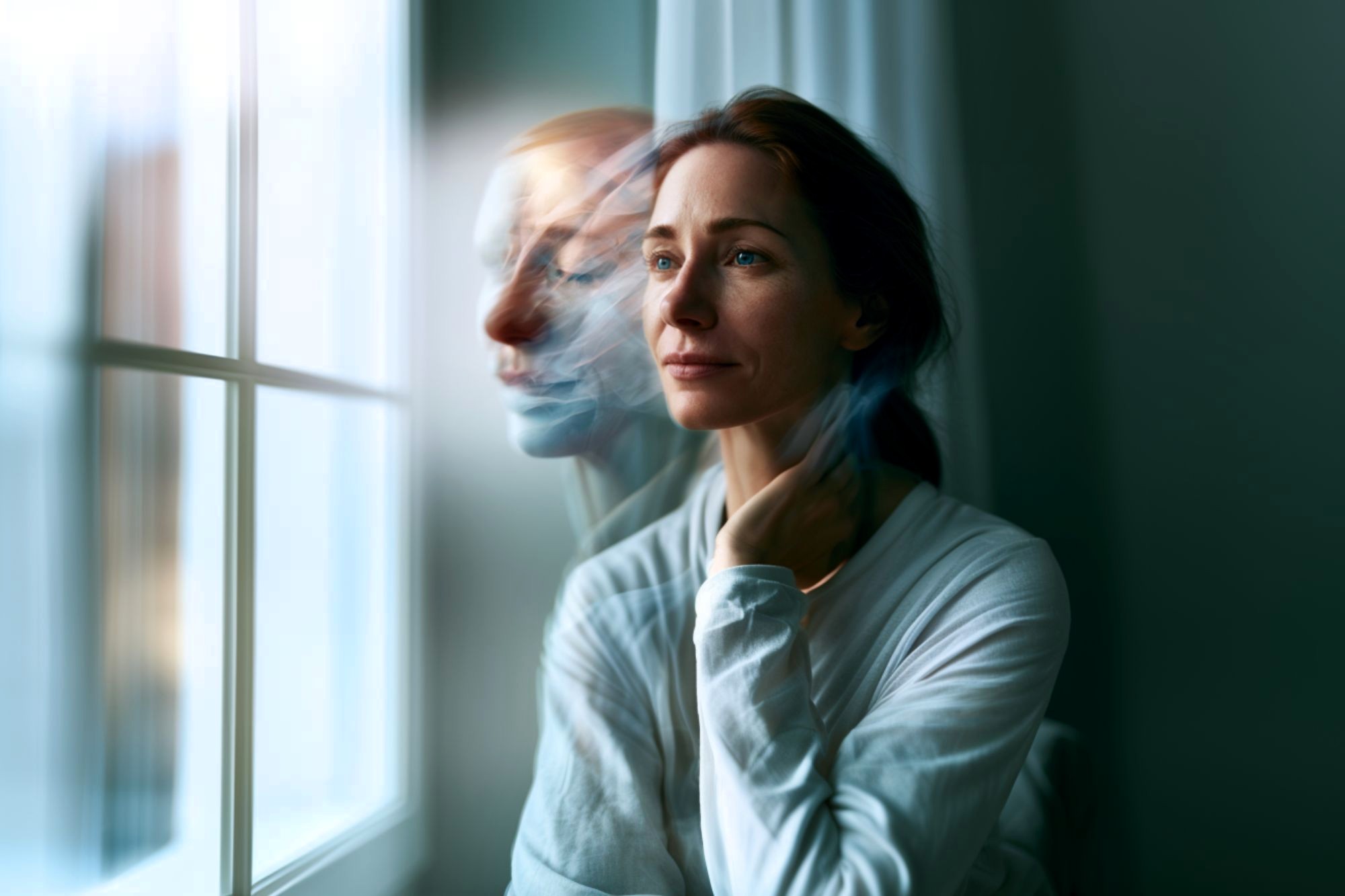 A woman in a white shirt sits by a window, looking outside thoughtfully. A blurred, ghostly double of her face appears beside her, suggesting deep contemplation or emotional distress.