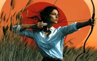 A woman with dark hair in a white shirt draws a bow in a grassy field, aiming an arrow. The background features tall grass and a vivid orange-red sun or circle in the sky.