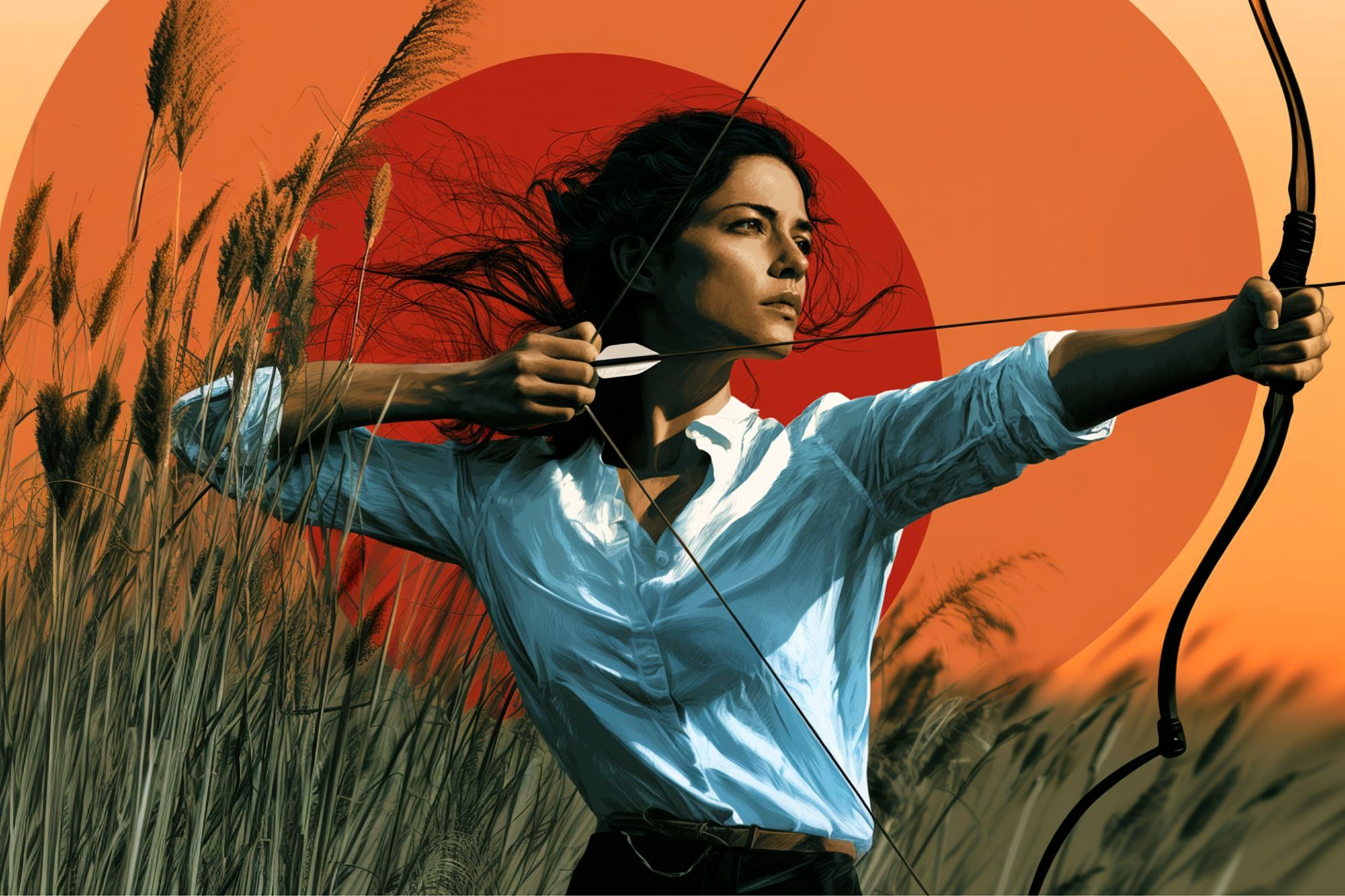 A woman with dark hair in a white shirt draws a bow in a grassy field, aiming an arrow. The background features tall grass and a vivid orange-red sun or circle in the sky.
