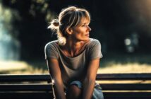 A woman with blonde hair in a loose bun sits on a bench outdoors, wearing a gray t-shirt, looking to the side with a thoughtful expression. Sunlight softly highlights her face and background greenery.