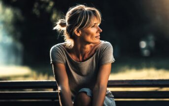 A woman with blonde hair in a loose bun sits on a bench outdoors, wearing a gray t-shirt, looking to the side with a thoughtful expression. Sunlight softly highlights her face and background greenery.