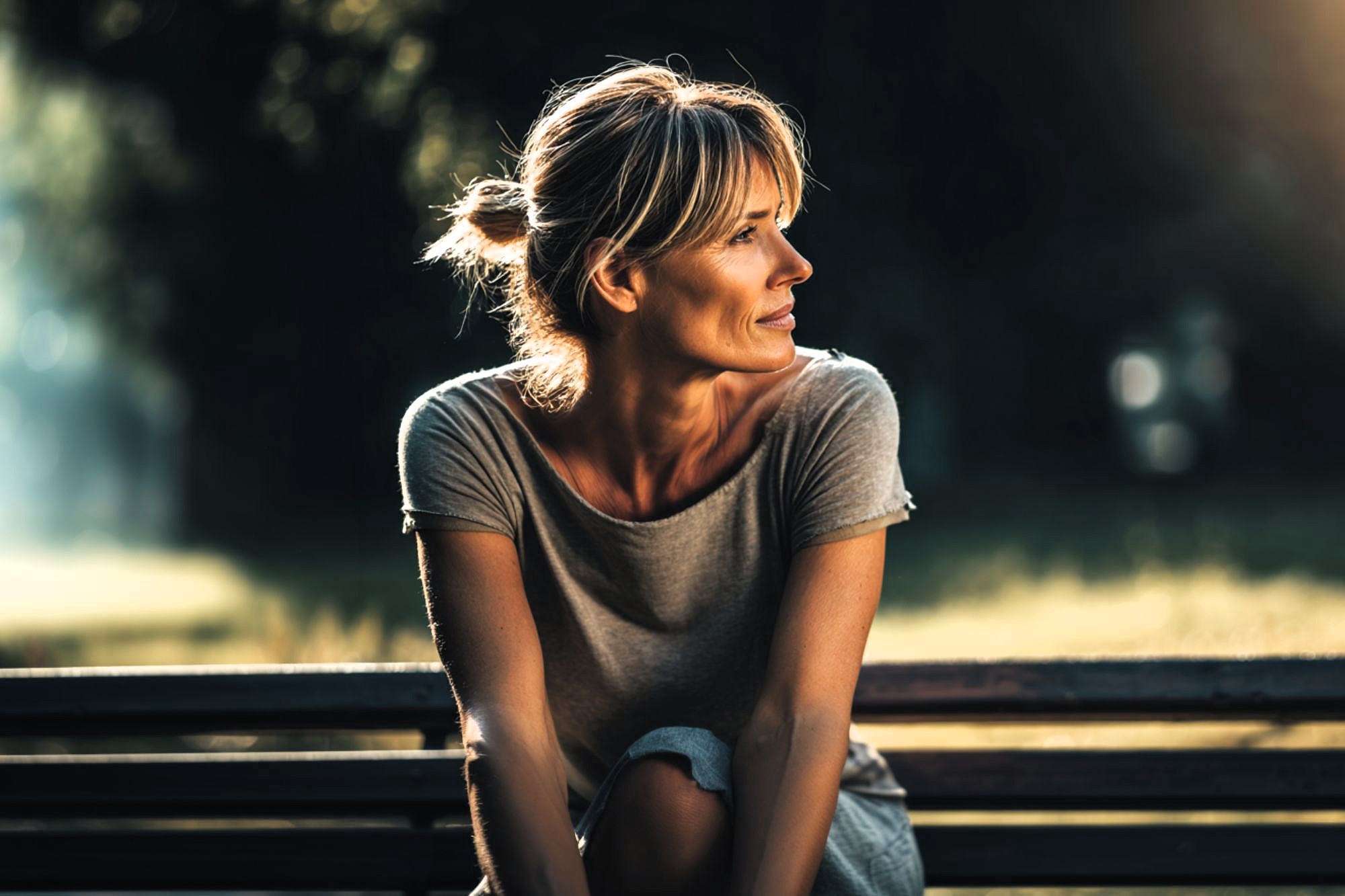 A woman with blonde hair in a loose bun sits on a bench outdoors, wearing a gray t-shirt, looking to the side with a thoughtful expression. Sunlight softly highlights her face and background greenery.