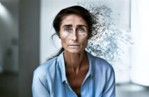 A woman in a blue shirt stares ahead as the right side of her face and hair dissolve into abstract particles, blending with a blurred indoor background.