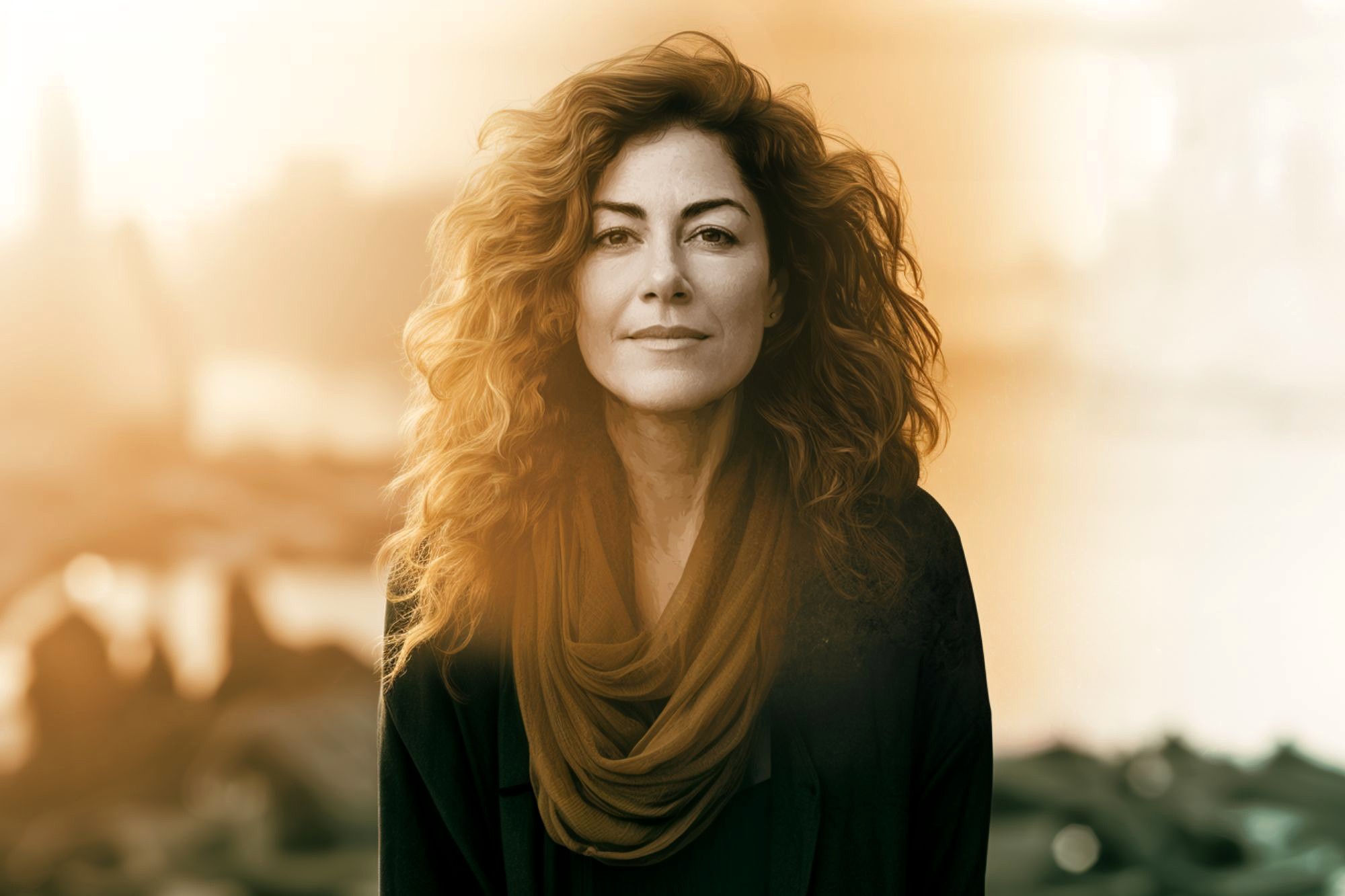 A woman with curly hair and a scarf smiles subtly, standing outdoors in soft, golden sunlight with an out-of-focus cityscape behind her.