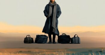 A woman in a long coat and scarf stands outdoors on dry grass with five black travel bags lined up in front of her, against a backdrop of soft hills and a pale sky.
