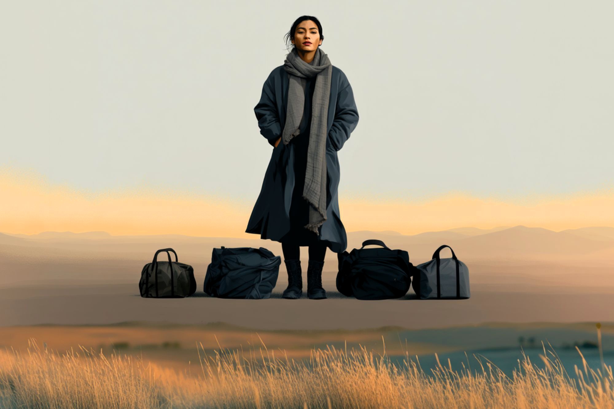 A woman in a long coat and scarf stands outdoors on dry grass with five black travel bags lined up in front of her, against a backdrop of soft hills and a pale sky.