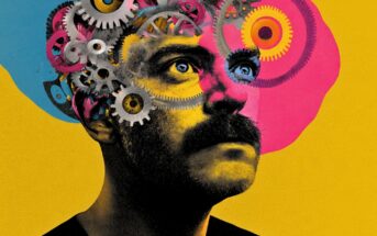A man with a mustache looks upward, his head partially replaced by a colorful cluster of mechanical gears against a yellow background.