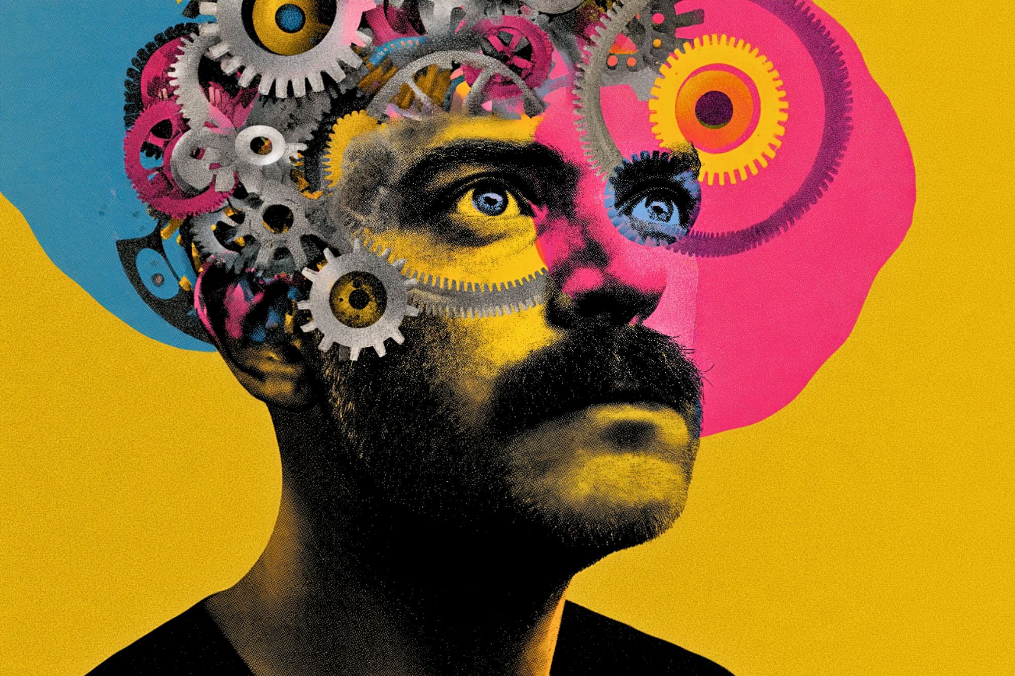 A man with a mustache looks upward, his head partially replaced by a colorful cluster of mechanical gears against a yellow background.