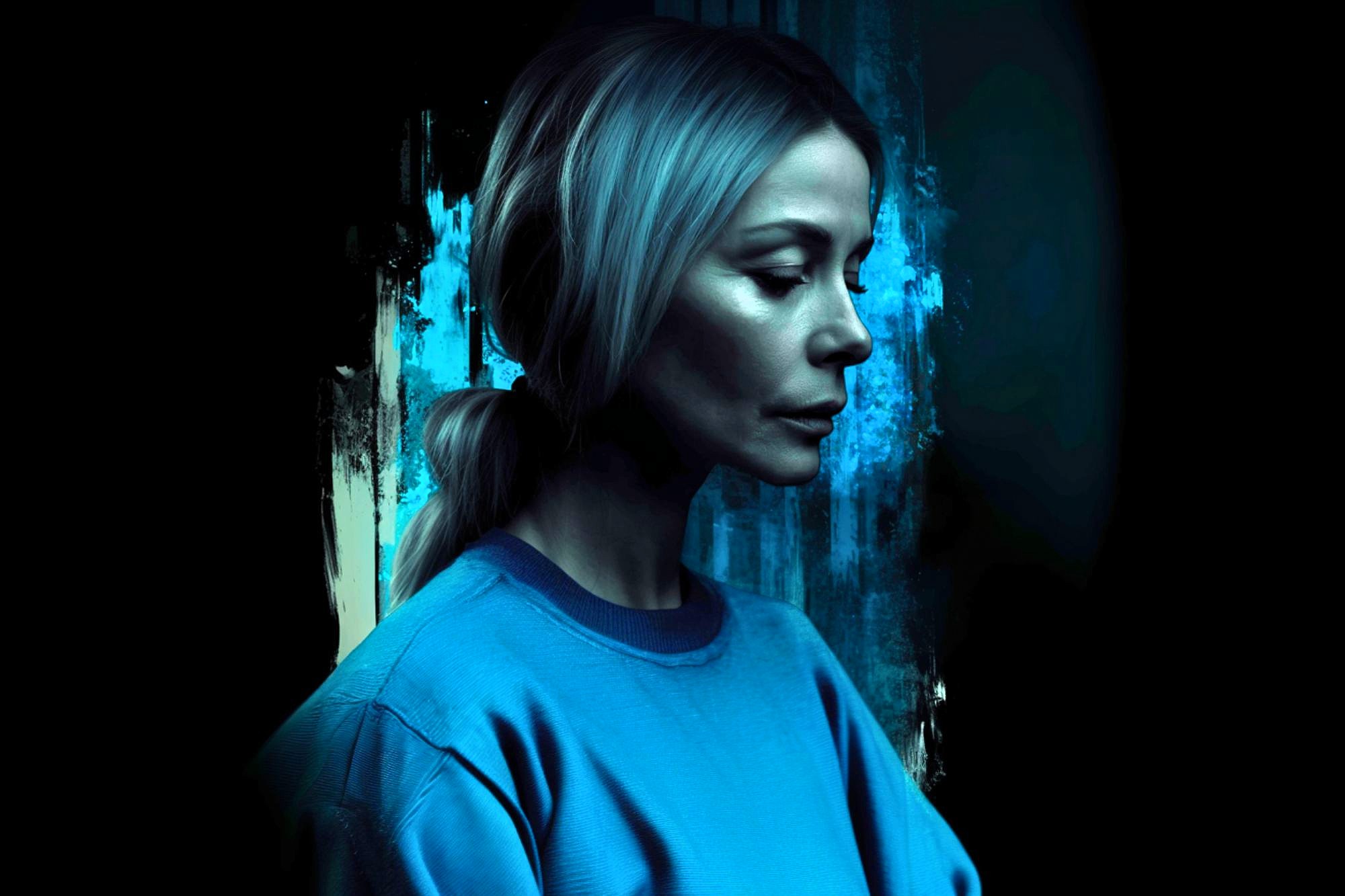 A woman with light hair in a ponytail, wearing a blue sweatshirt, faces left in a moody, blue-lit setting with abstract, dark and teal paint strokes in the background.