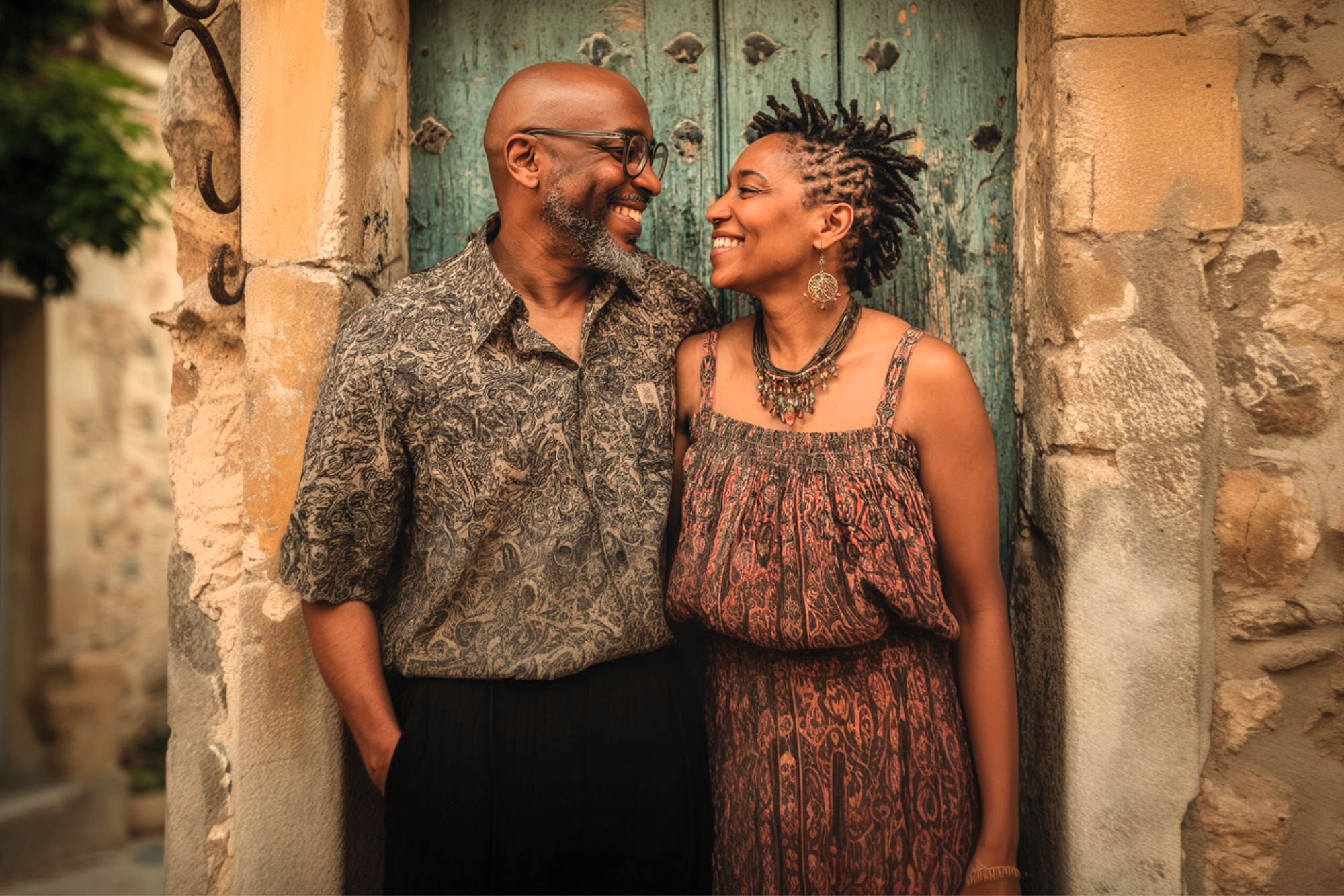 A smiling couple stands close together in front of an old, weathered blue door, looking at each other warmly. The man wears glasses and a patterned shirt, while the woman wears a sleeveless dress and large necklace.