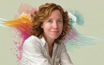 A portrait of a smiling woman with shoulder-length wavy hair in front of an abstract background of colorful, stylized waves.