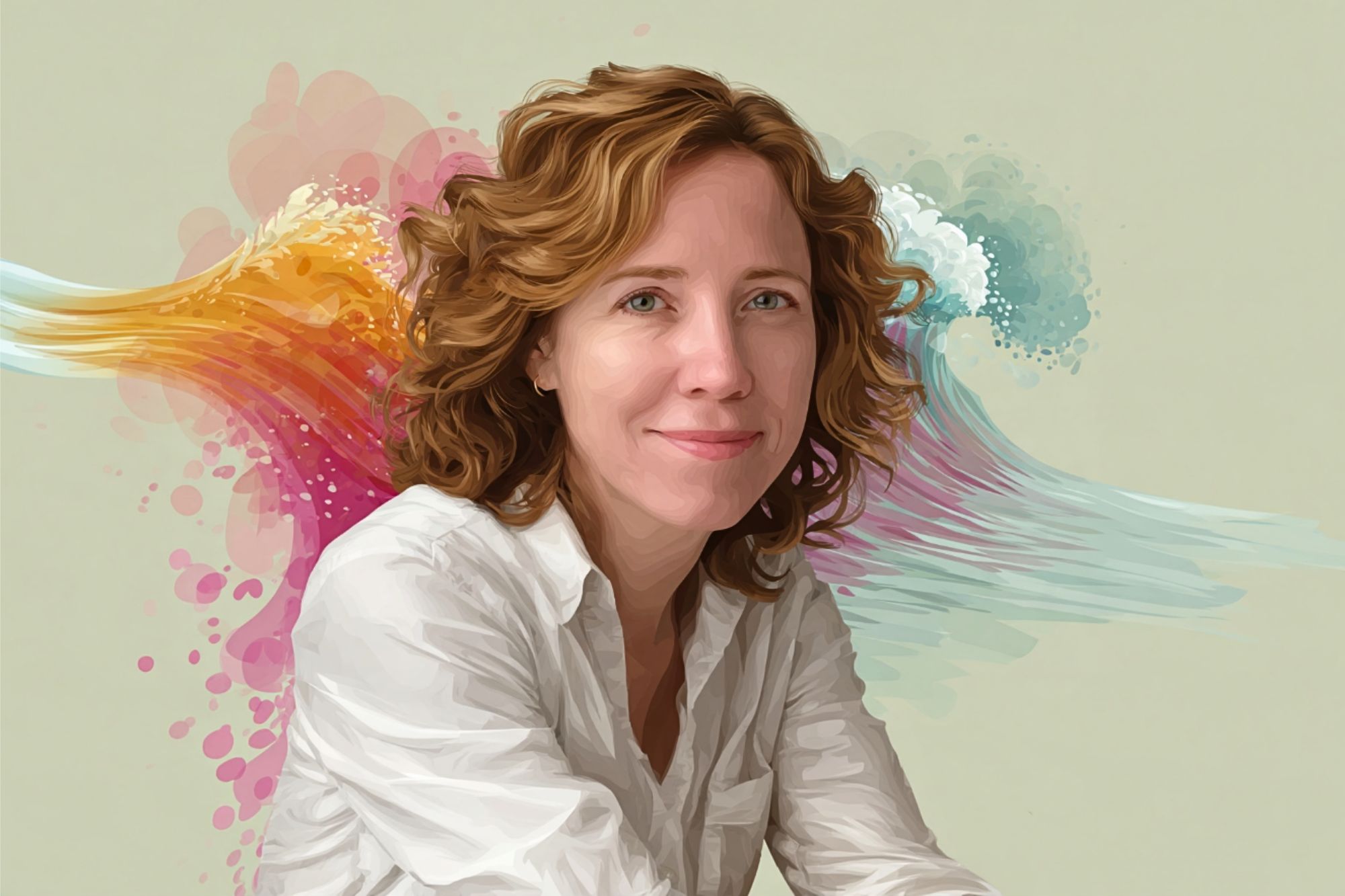 A portrait of a smiling woman with shoulder-length wavy hair in front of an abstract background of colorful, stylized waves.