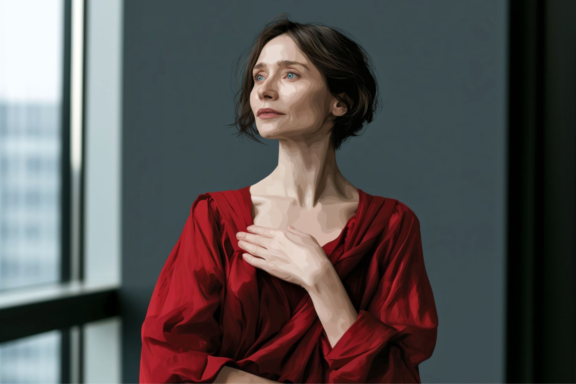 A woman in a red dress stands indoors by a large window, gazing thoughtfully to the side with one hand resting on her chest. The image has a painted, stylized effect.