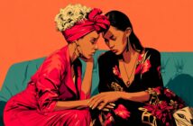 Two women sit closely on a teal couch, touching foreheads and holding hands. One wears a pink headwrap and dress, the other a dark floral dress. The background is orange, and both appear to be sharing an emotional moment.
