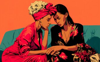 Two women sit closely on a teal couch, touching foreheads and holding hands. One wears a pink headwrap and dress, the other a dark floral dress. The background is orange, and both appear to be sharing an emotional moment.