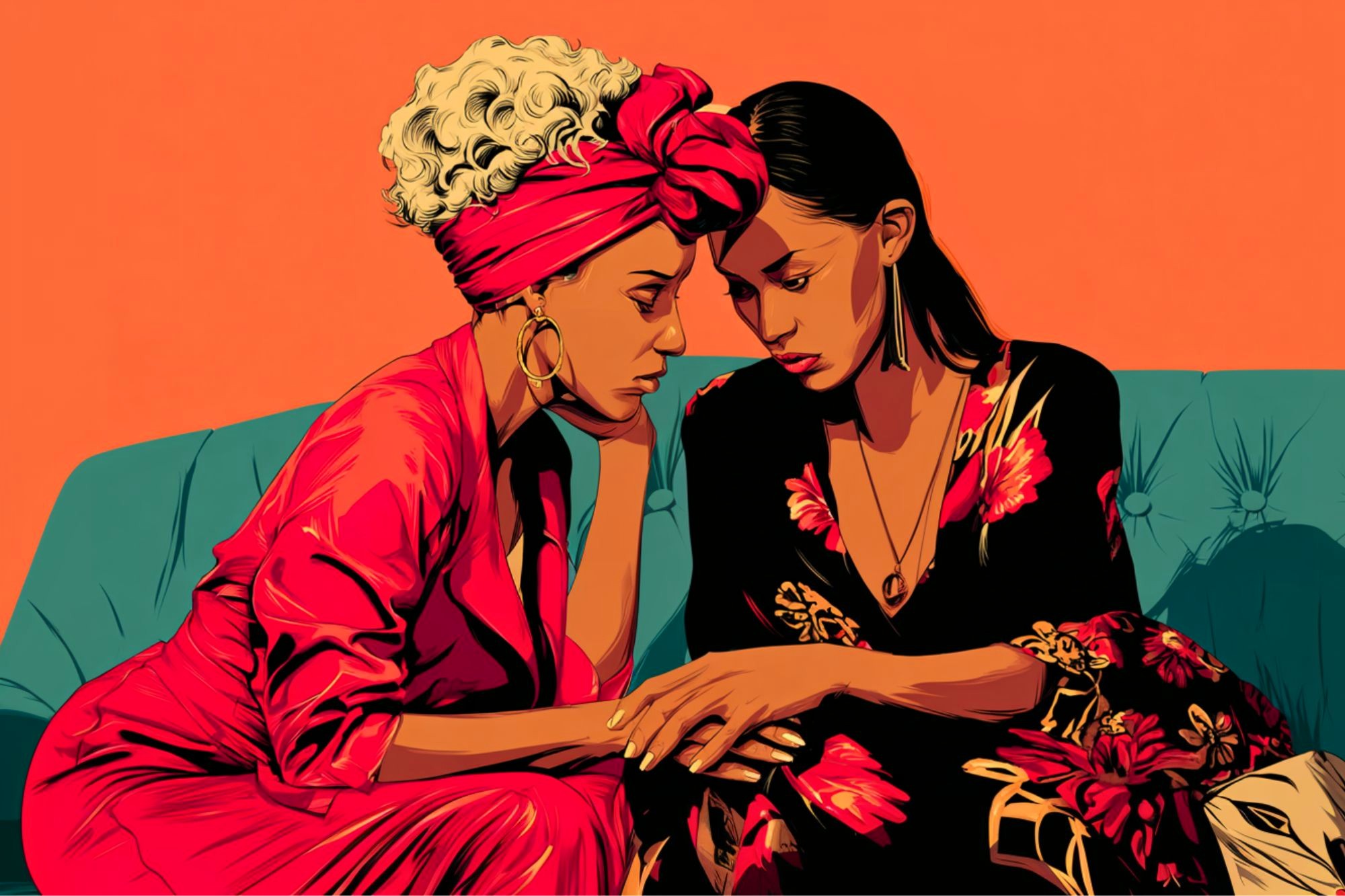 Two women sit closely on a teal couch, touching foreheads and holding hands. One wears a pink headwrap and dress, the other a dark floral dress. The background is orange, and both appear to be sharing an emotional moment.