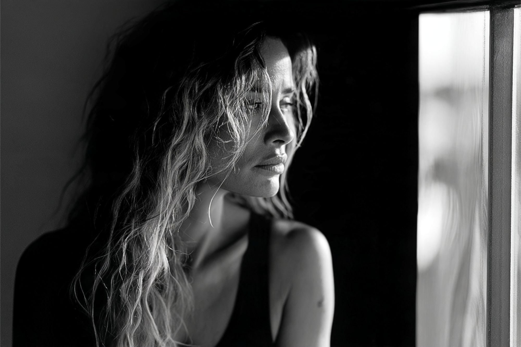 A woman with wavy hair gazes out of a window.