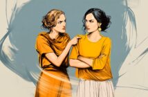 Two women stand facing each other; one is pointing and appears angry, while the other looks away with arms crossed, wearing an annoyed expression. The background is abstract with soft blue and beige brush strokes.