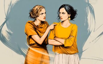 Two women stand facing each other; one is pointing and appears angry, while the other looks away with arms crossed, wearing an annoyed expression. The background is abstract with soft blue and beige brush strokes.