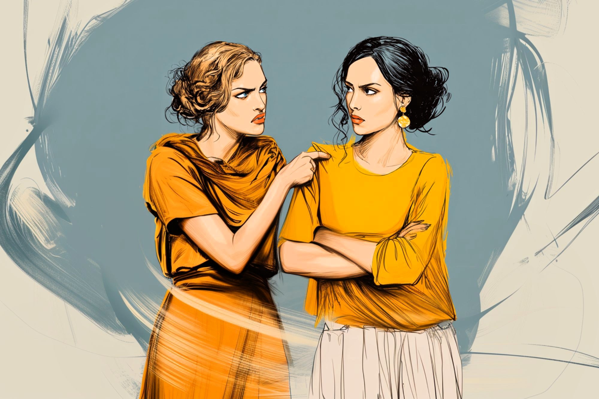Two women stand facing each other; one is pointing and appears angry, while the other looks away with arms crossed, wearing an annoyed expression. The background is abstract with soft blue and beige brush strokes.