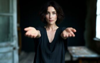 A woman with short dark hair stands indoors, facing forward with arms extended and palms up. She wears a loose black top and looks directly at the camera. The background is dimly lit and slightly blurred.